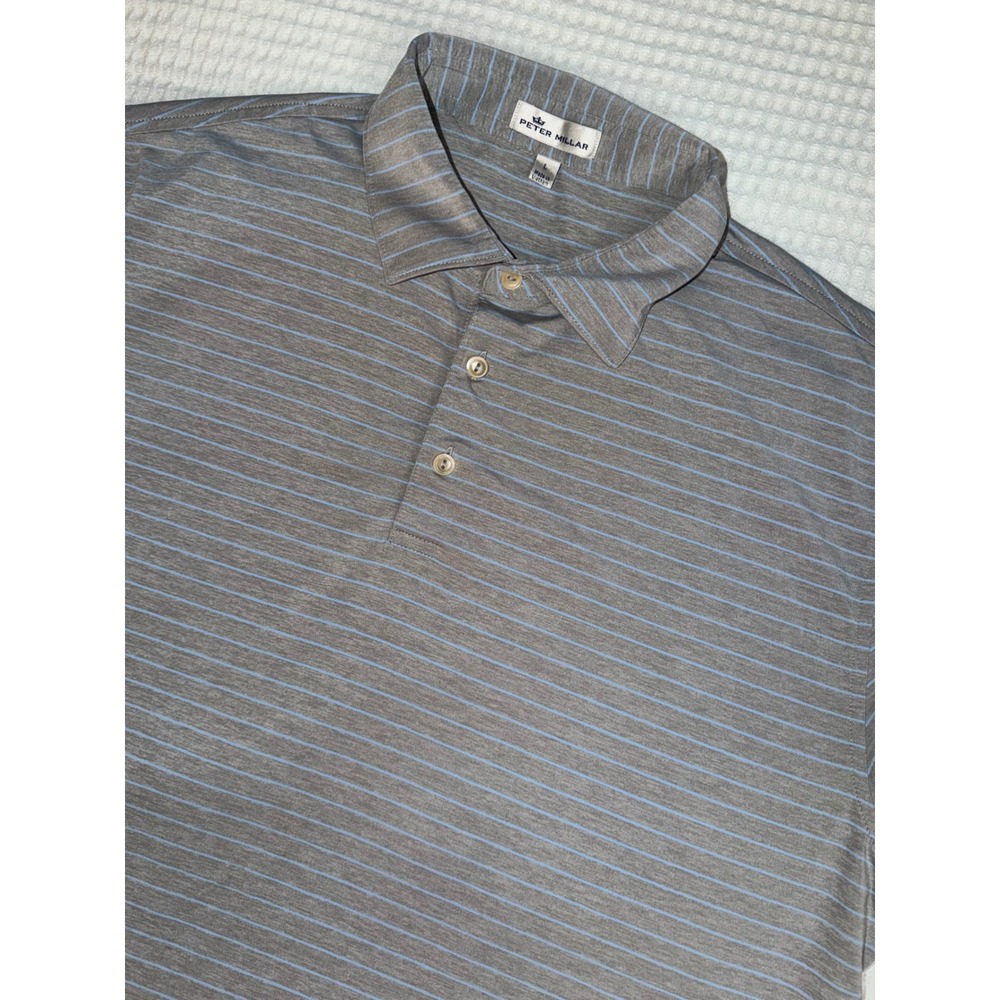 Peter Millar Polo Shirt Mens Large Grey Blue Striped Short Sleeve Golf Casual